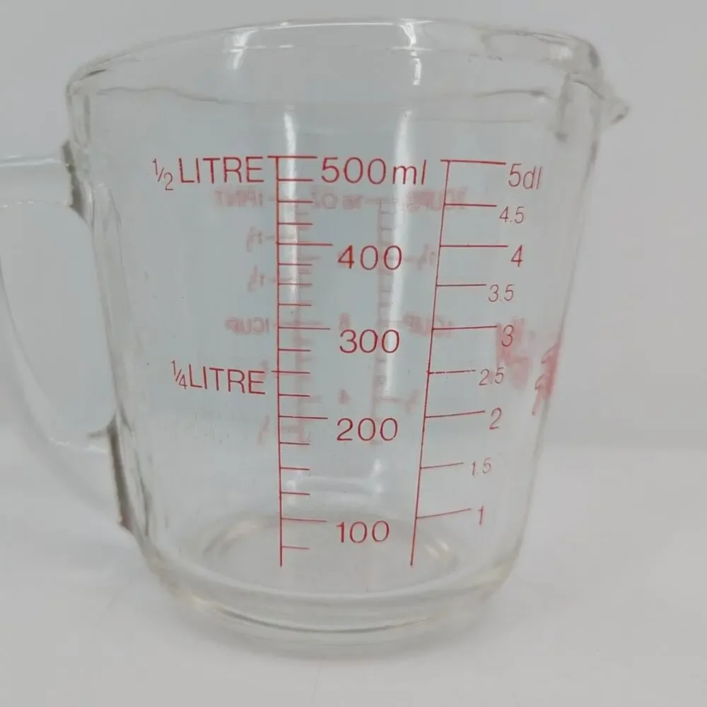 VINTAGE Fire-King 20 oz Glass Measuring Cup Vintage Red Lettering USA Made